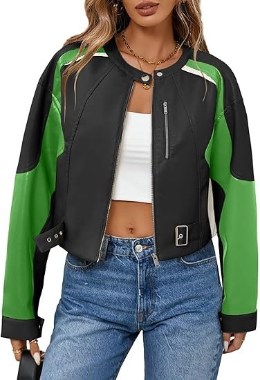 Women's Green Colorblock Faux Leather Moto Jacket Cropped Biker Style with Buckle Detail