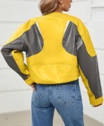 Women's Grey and Yellow Colorblock Faux Leather Moto Jacket Cropped Biker Style with Buckle Detail