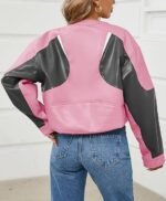 Women's Pink Colorblock Faux Leather Moto Jacket Cropped Biker Style with Buckle Detail