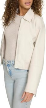 womens Faux Leather Bomber With Laydown Collar - Image 3