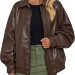 Women's Oversized Brown Faux Leather Blouson Jacket