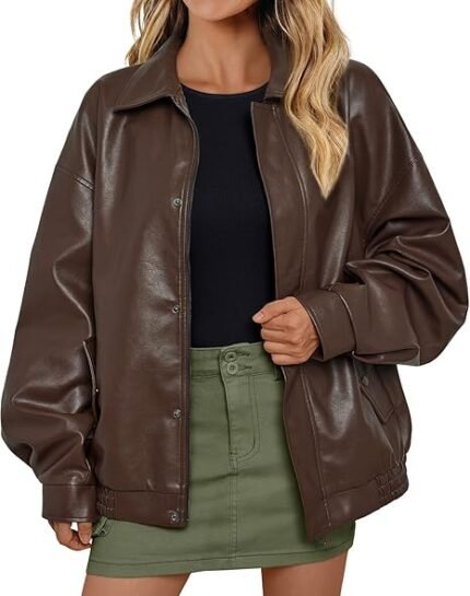 Women's Oversized Brown Faux Leather Blouson Jacket