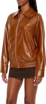 Women's Brown Faux Leather Bomber Jacket with Laydown Collar Classic ZipUp Style - Image 3
