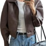 Women's Brown Faux Leather Cropped Bomber Jacket