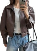 Women's Brown Faux Leather Cropped Bomber Jacket