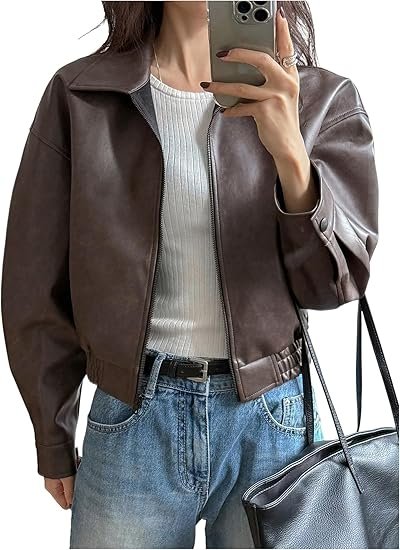 Women's Brown Faux Leather Cropped Bomber Jacket