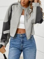 Women's Grey and Black Colorblock Faux Leather Moto Jacket Cropped Biker Style with Buckle Detail - Image 3
