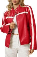 Women's Red Faux Leather Racer Jacket with White Stripe - Image 2