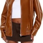 Women's Brown Faux Leather Bomber Jacket with Laydown Collar Classic ZipUp Style