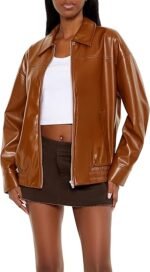 Women's Brown Faux Leather Bomber Jacket with Laydown Collar Classic ZipUp Style