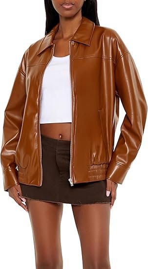 Women's Brown Faux Leather Bomber Jacket with Laydown Collar Classic ZipUp Style