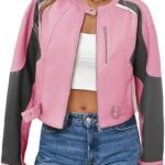Women's Pink Colorblock Faux Leather Moto Jacket Cropped Biker Style with Buckle Detail
