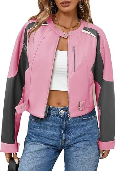 Women's Pink Colorblock Faux Leather Moto Jacket Cropped Biker Style with Buckle Detail