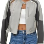 Women's Grey and Black Colorblock Faux Leather Moto Jacket Cropped Biker Style with Buckle Detail