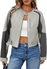 Women's Grey and Black Colorblock Faux Leather Moto Jacket Cropped Biker Style with Buckle Detail