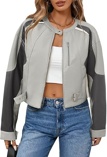 Women's Grey and Black Colorblock Faux Leather Moto Jacket Cropped Biker Style with Buckle Detail