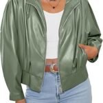 Sage Green Faux Leather Oversized Bomber Jacket