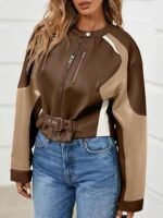 Women's Brown Colorblock Faux Leather Moto Jacket Cropped Biker Style with Buckle Detail - Image 3