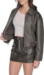 womens Faux Leather Bomber With Laydown Collar - Image 2