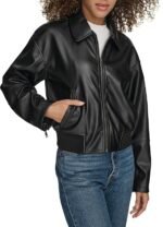 womens Faux Leather Bomber With Laydown Collar - Image 2