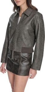 womens Faux Leather Bomber With Laydown Collar - Image 3