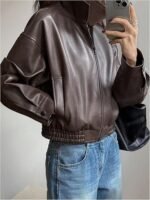 Women's Brown Faux Leather Cropped Bomber Jacket - Image 2