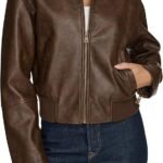 womens Faux Leather Bomber With Laydown Collar
