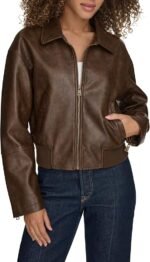 womens Faux Leather Bomber With Laydown Collar