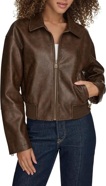 womens Faux Leather Bomber With Laydown Collar