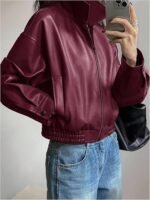 Women's Burgundy/Maroon Faux Leather Cropped Bomber Jacket - Image 2