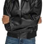 womens Faux Leather Bomber With Laydown Collar