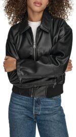 womens Faux Leather Bomber With Laydown Collar