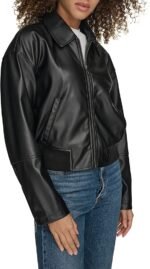 womens Faux Leather Bomber With Laydown Collar