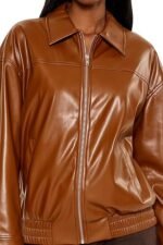 Women's Brown Faux Leather Bomber Jacket with Laydown Collar Classic ZipUp Style - Image 2