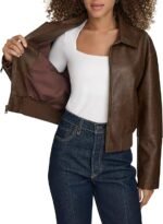 womens Faux Leather Bomber With Laydown Collar - Image 2