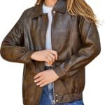 Women's Brown Faux Leather Zip Front Bomber Jacket