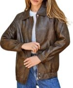 Women's Brown Faux Leather Zip Front Bomber Jacket