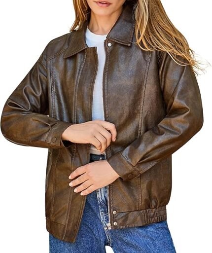 Women's Brown Faux Leather Zip Front Bomber Jacket