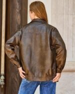 Women's Brown Faux Leather Zip Front Bomber Jacket