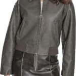 womens Faux Leather Bomber With Laydown Collar