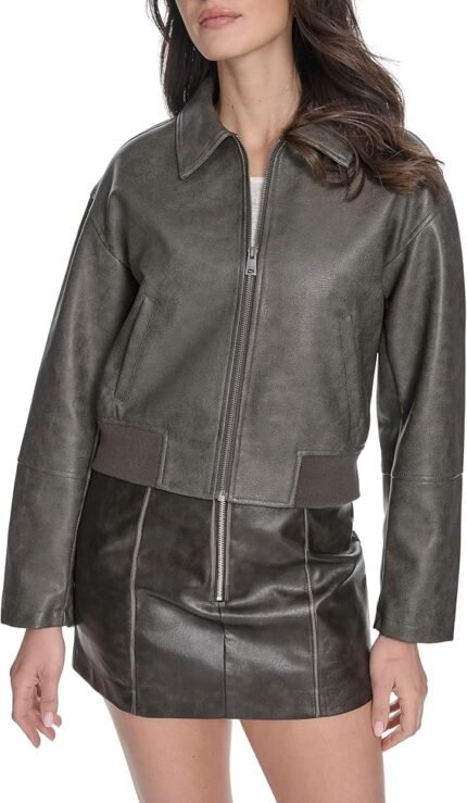 womens Faux Leather Bomber With Laydown Collar