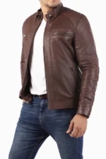 Men's Casual Signature Diamond Lambskin Leather Jacket Brown - Image 3