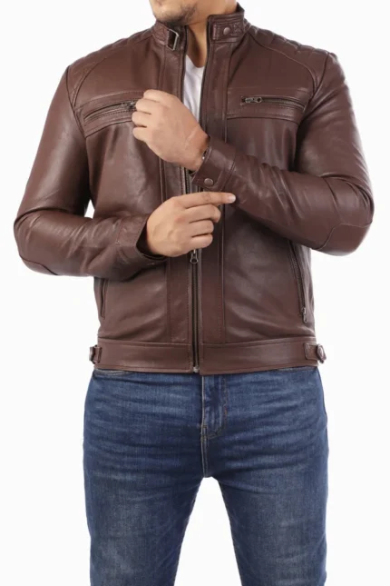 Men's Casual Signature Diamond Lambskin Leather Jacket Brown