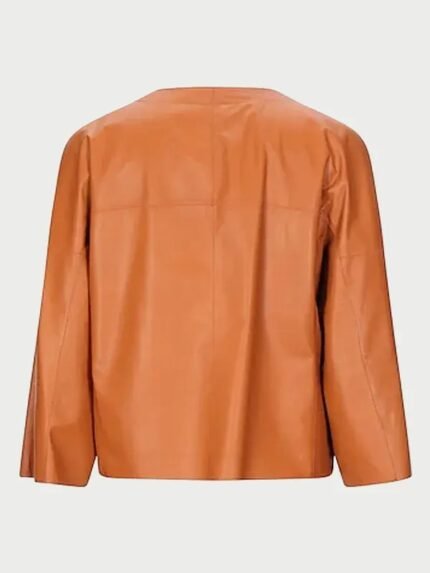 Women Tan Collarless Leather Jacket