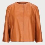 Women Tan Collarless Leather Jacket