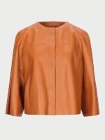 Women Tan Collarless Leather Jacket