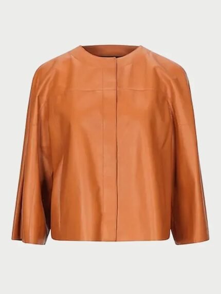 Women Tan Collarless Leather Jacket