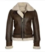 Women's Aviator Leather Jacket Vintage Shearling Flight Bomber Coat