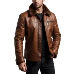 Men's Cowhide Leather Aviator Jacket Brown Shearling Collar