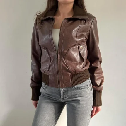 Women's Brown Genuine Leather Bomber Jacket with Ribbed Cuffs and Hem